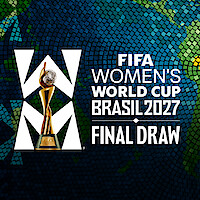FIFA Women’s World Cup Brasil 2027 Final Draw promotional graphic featuring the trophy on a colorful mosaic background with white bold text and stylized “W” elements.