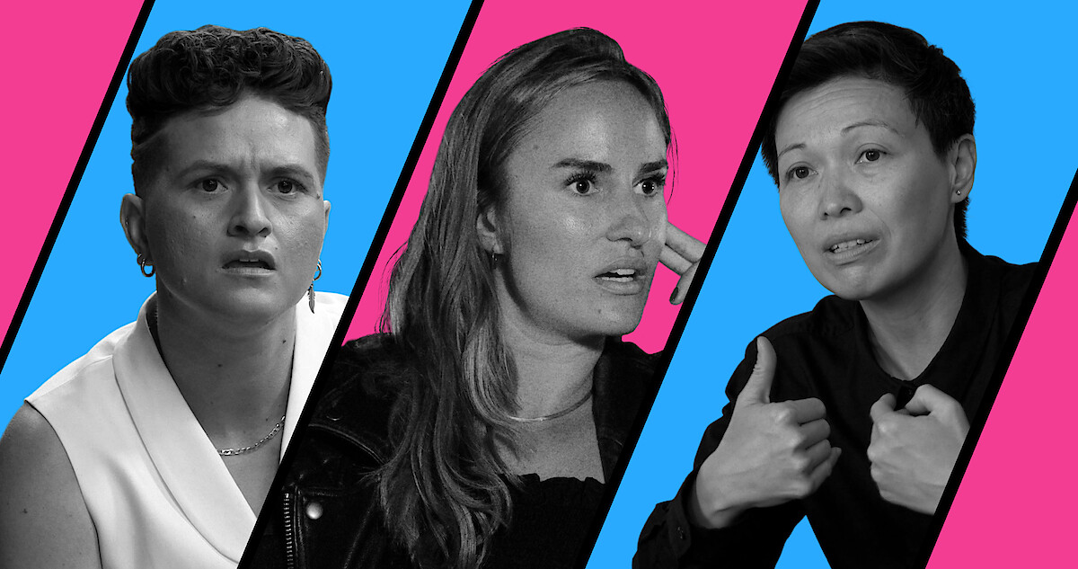 still of three of the talent featured in the Queer Love Ultimatum, against blue and pink backgrounds