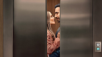 A man and woman standing closely, facing each other romantically inside an elevator as the doors begin to close, suggesting a private or intimate moment in a modern building setting.