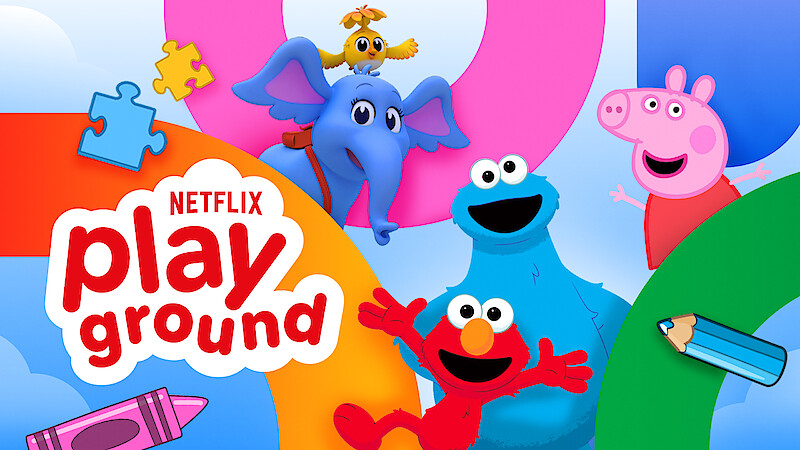 Colorful cartoon characters including an elephant, bird, Cookie Monster, Elmo, and Peppa Pig in a playful setting with clouds, crayons, puzzles, and a pencil, along with the Netflix Playground logo.