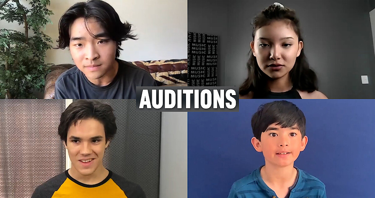 Four cast members of Avatar: The Last Airbender in front of cameras