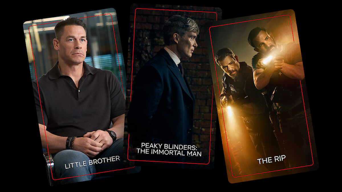 Three TV show cards: a man sitting in a casual shirt for "Little Brother," a man in a suit and hat in a dark hallway for "Peaky Blinders: The Immortal Man," and two armed men with flashlights for "The Rip."