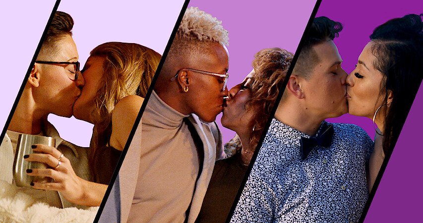 three couples kiss against a purple backdrop