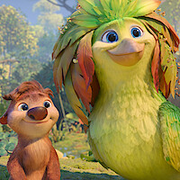 Animated forest scene with a smiling small brown furry creature and a large vibrant green bird with leafy feathers, surrounded by lush greenery, trees, and other animals in the background under daylight.
