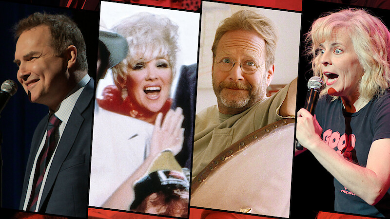 Four comedians in split panels: one smiling at a microphone on stage, one glamorous woman waving in a vintage photo, one man with glasses relaxed indoors, and one woman energetically performing stand-up comedy with a microphone.