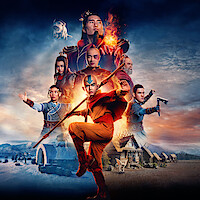 Group of characters in dynamic poses with elemental powers, dressed in colorful costumes, set against a dramatic landscape featuring snowy mountains, a village, and a fiery sky, evoking an epic adventure atmosphere.