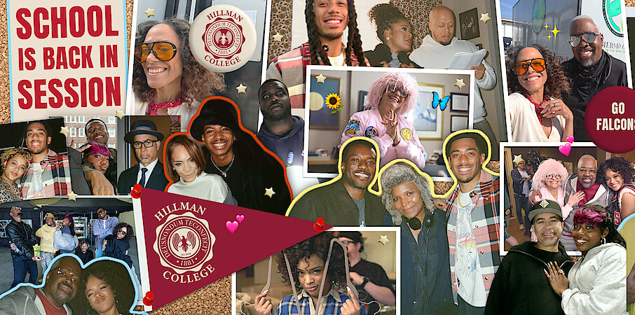 Collage of diverse students and faculty at Hillman College in various joyful group photos on campus, with school banners and a sign reading "School is Back in Session," capturing a vibrant, welcoming academic environment.