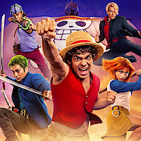 Five adventurous young people in colorful costumes pose heroically with swords and dynamic gestures, standing in front of a large pirate ship with a smiling skull sail, under a vivid sky.