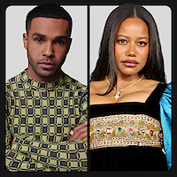 A man in a geometric patterned shirt and a woman in a black dress with jeweled trim, both posing against a plain light background, shown side by side in a split image.