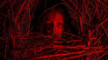 A child’s face illuminated by red light, looking through a dense, circular arrangement of woven sticks in a dark, mysterious setting.