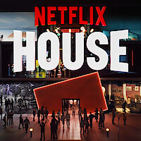 Crowds walk outside a modern, vibrant building labeled "Netflix House," with colorful rooms inside inspired by different Netflix shows.