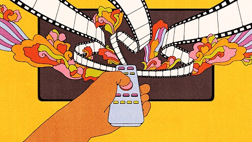 Hand holding a remote control in front of a TV with colorful film strips and abstract shapes flowing out of the screen on a yellow background, representing creativity or entertainment.