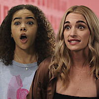 Still of Antonia Gentry and Brianne Howey against a pink background