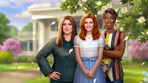 Illustrative game art for the mobile game 'Netflix Stories: Sweet Magnolias featuring three female game characters standing in a leafy garden.