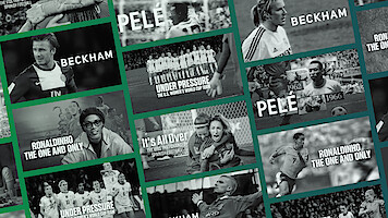 Collage of famous soccer players and moments, including images of athletes in action, celebrating, and text featuring names like Beckham, Pele, Ronaldinho, and phrases about world cup and football history.