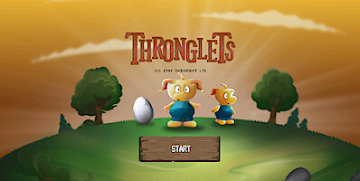Menu screen of Thronglets game featuring two Thronglets standing beside a cracked egg on a grassy hill, with a wooden "Start" button and sunset background.