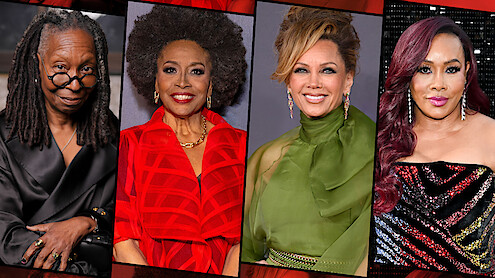 Four elegantly dressed women pose in formal and glamorous settings, each with unique hairstyles and vibrant outfits, standing against different backdrops, suggesting a celebration or event.