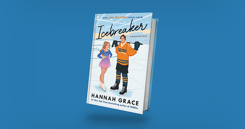 Book cover of "Icebreaker" by Hannah Grace features a female figure skater and a male hockey player standing together on an ice rink, with bright colors and a blue background.