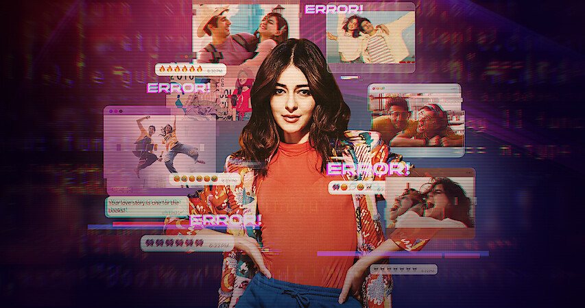 Ananya Panday stands with her hands on her hips with superimposed images of herself and Vihaan Samat floating around her.