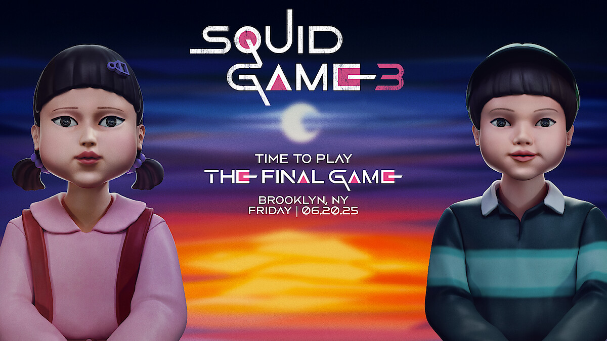 'Squid Game' Season 3 promotional poster with details for The Final Game event on June 20, 2025 in Brooklyn, NY.
