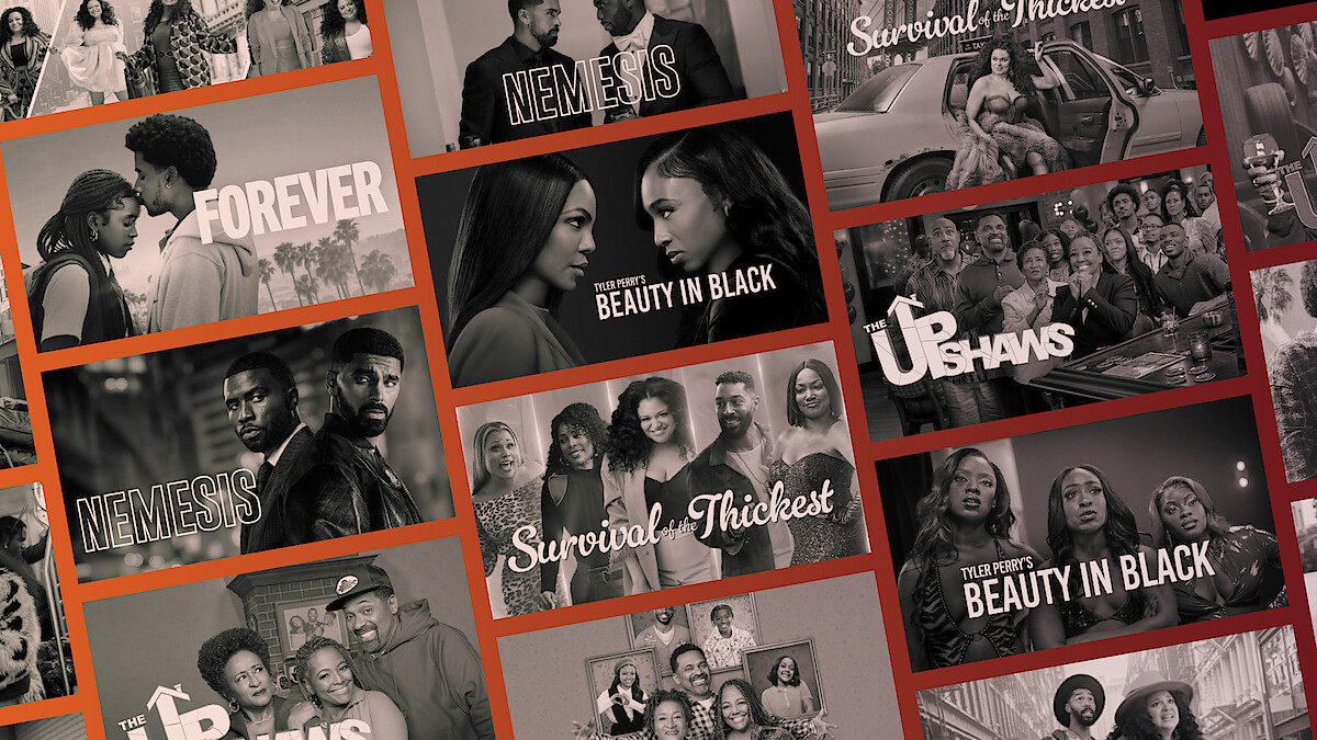 Collage of TV show and movie posters featuring diverse Black casts, including titles like Nemesis, Beauty in Black, The Upshaws, Survival of the Thickest, and Forever, set against a red gradient background.