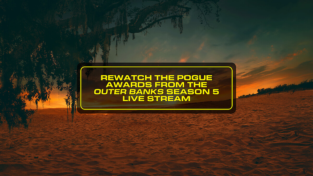Text box with "Rewatch the Pogue Awards from the Outer Banks Season 5 live stream" over a sandy beach at sunset, trees and dark foliage in the background, creating a dramatic and scenic environment.
