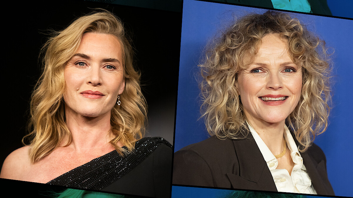 Two women with wavy blonde hair are shown in separate frames; one is dressed in a black dress on a dark background, the other wears a suit with a white shirt on a blue background. Both are smiling and facing the camera.