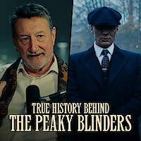 Steven Knight telling a story sharing the screen with an image of Tommy Shelby from the show Peaky Blinders