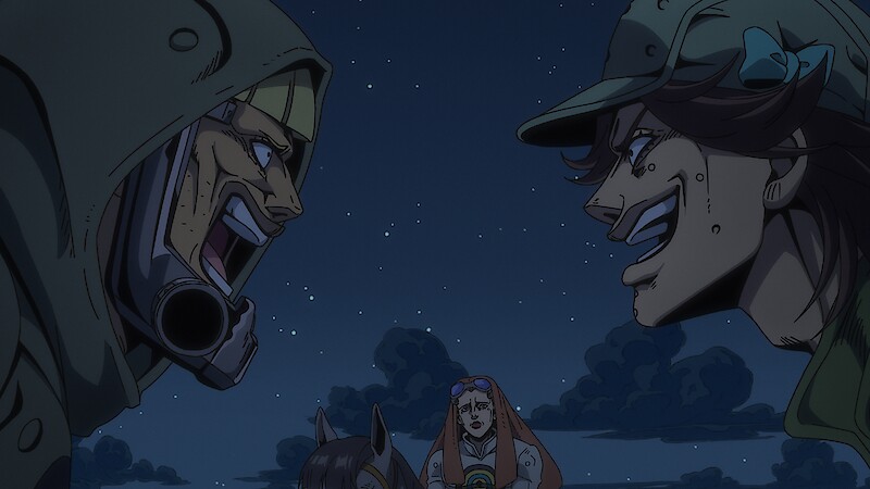 Two animated characters in hats face off aggressively at night outdoors, while a third person with long hair sits between them in the background under a starry sky.
