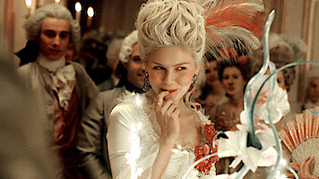 Woman in elaborate 18th-century costume and powdered wig at an elegant ball, surrounded by people in similar period attire, ornate decorations and soft lighting enhancing a lavish historical setting.