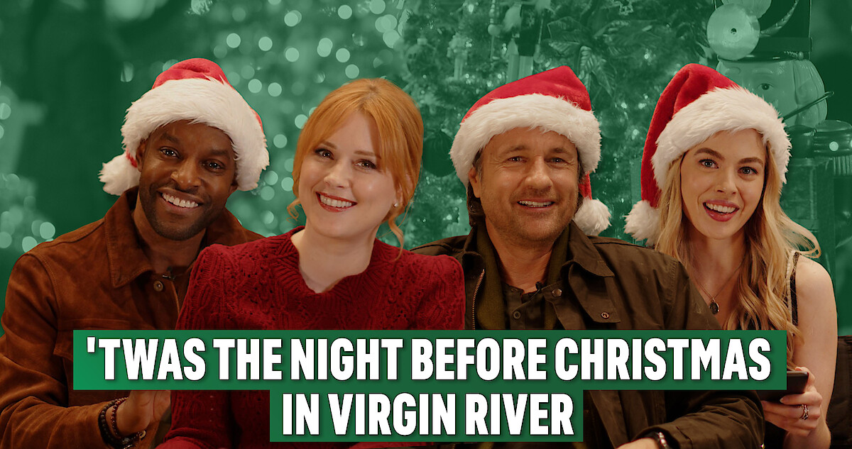 Colin Lawrence (John “Preacher” Middleton), Alexandra Breckenridge (Melinda “Mel” Monroe), Martin Henderson (Jack Sheridan), and Sarah Dugdale (Lizzie) wearing Santa caps in front of a festive green backdrop.