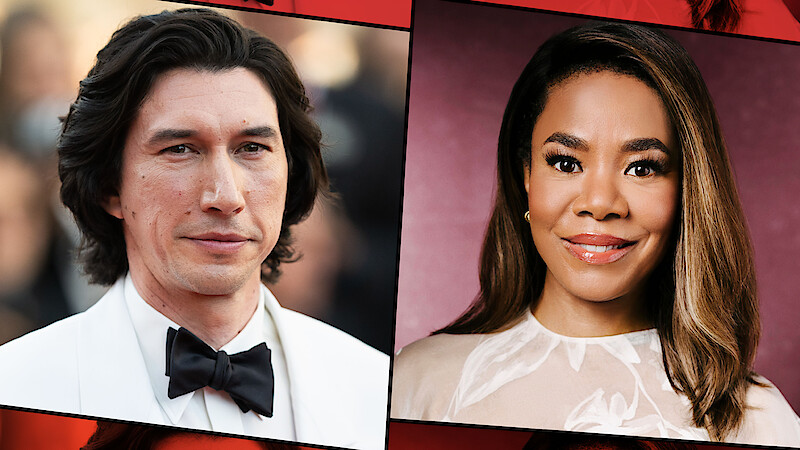 A man in a white tuxedo with a black bow tie is outdoors at a formal event, next to a woman indoors in a cream dress with long hair, both posing for portraits in different environments.