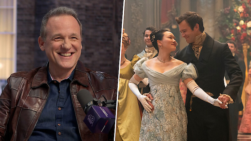 Bridgerton S4 Midform: Tom Verica + Still of Yerin Ha and Luke Thompson