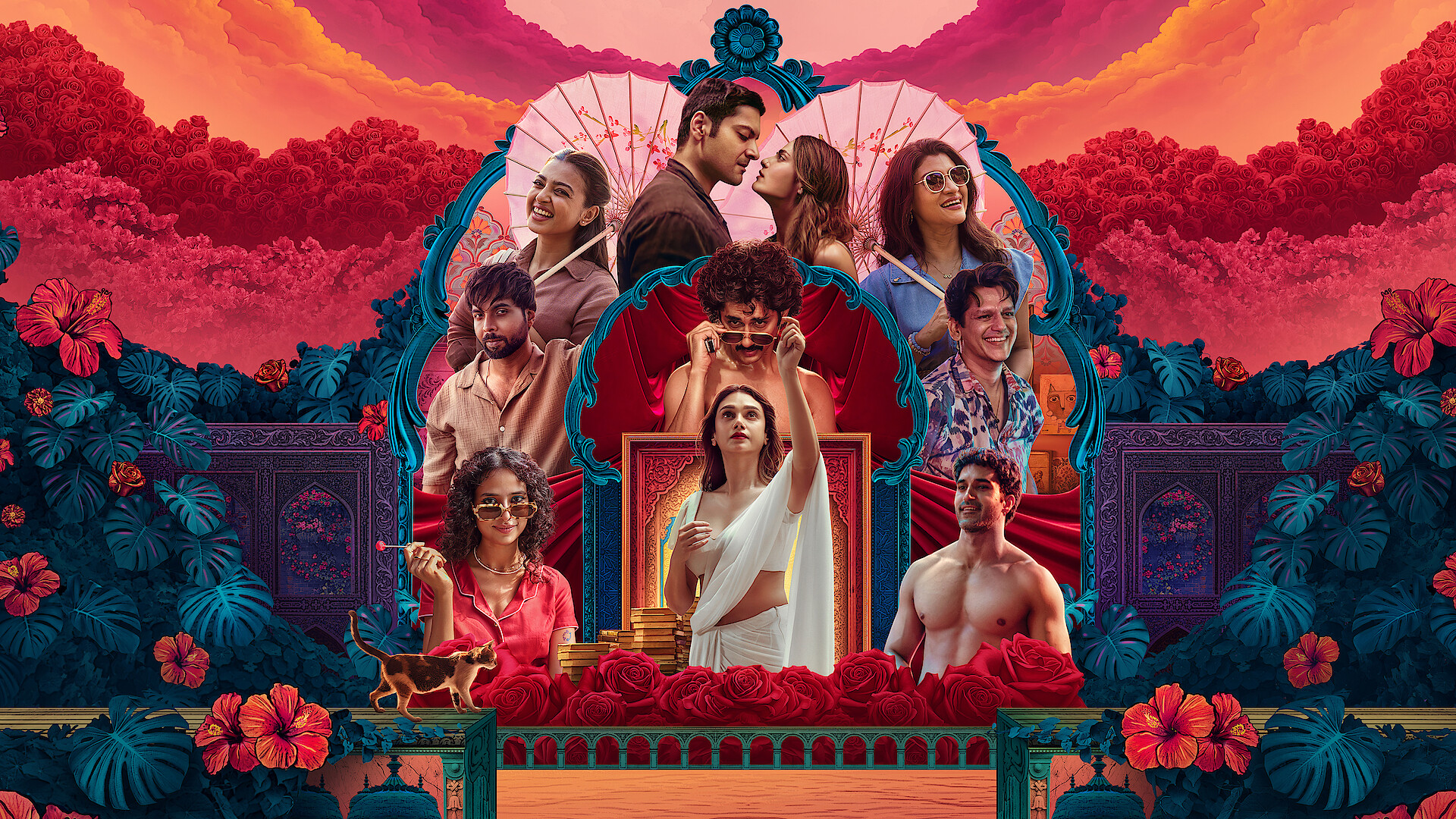 A vibrant collage of diverse people in dramatic poses, framed by ornate architecture, lush plants, red flowers, and a vivid sunset sky, suggesting a lively, theatrical or cinematic scene set in an exotic, celebratory environment.