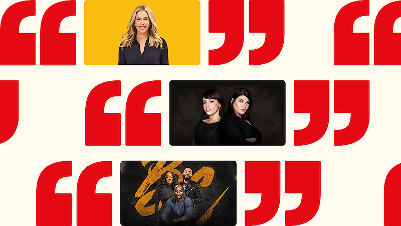 A collage with podcast hosts and quotation marks