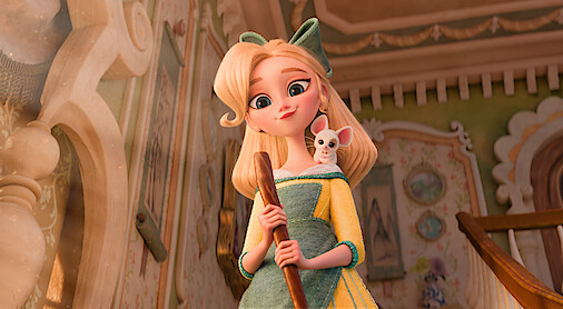 Animated blonde girl in a green and yellow dress holding a broom, with a small white mouse on her shoulder. She is standing indoors in a ornately decorated, warmly lit room with detailed furnishings and artwork.