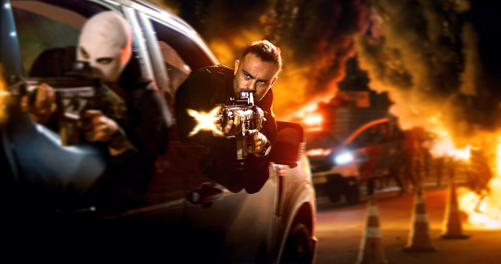 Criminal Code - A man leaning out a car window firing a heavy-caliber machine gun