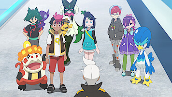 A group of animated characters and their Pokémon stand indoors on a wide walkway, facing an adult with white hair from behind, suggesting a meeting or conversation in a bright, modern environment.