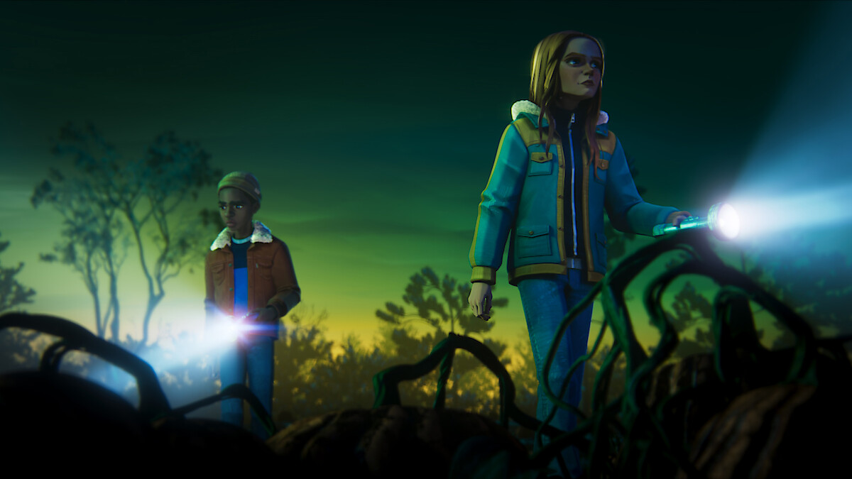 Two animated children explore a dark, eerie forest with flashlights at dusk. Twisted tree roots and foliage surround them, creating a mysterious atmosphere under a green and yellow sky.