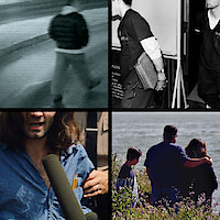 Four-panel collage showing surveillance footage, inmates with clipboard, person holding documents at a press conference, and family overlooking water.