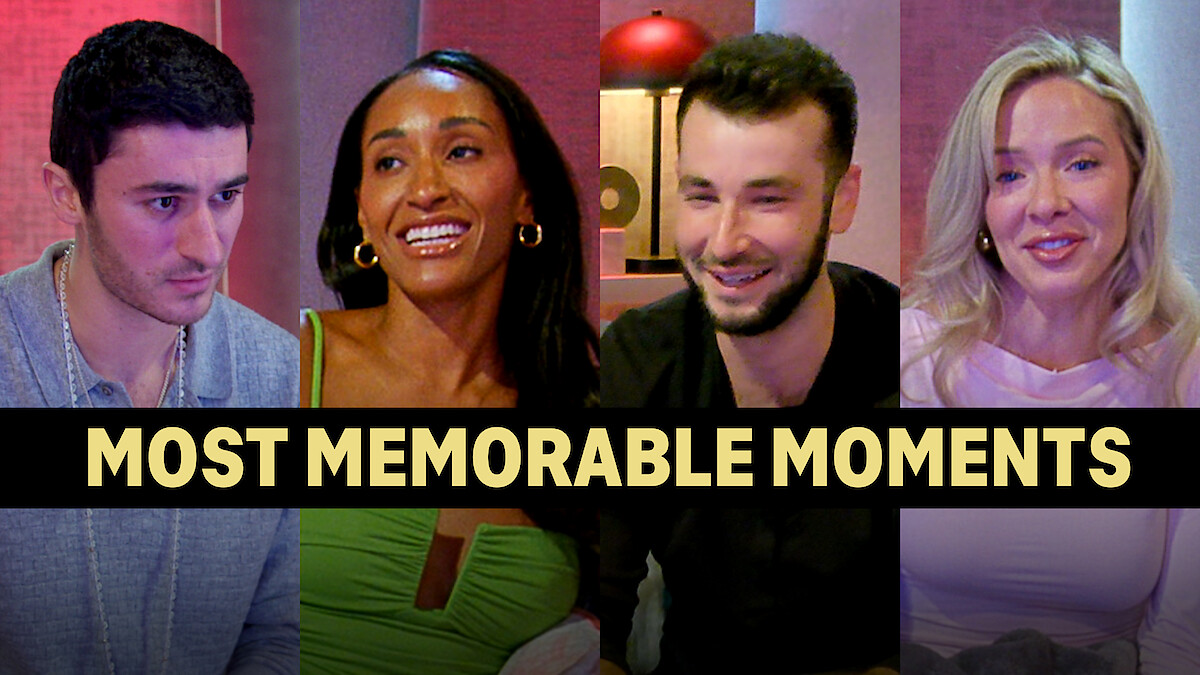 From left to right, Leo, Monica, Nick, and Brittany behind a banner that reads "Most Memorable Moments."