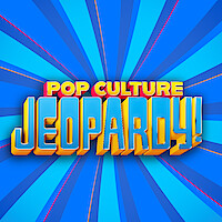 3D text "Pop Culture Jeopardy!" in bold yellow and blue lettering, set against a vibrant blue radial burst background, suggesting a lively game show theme.