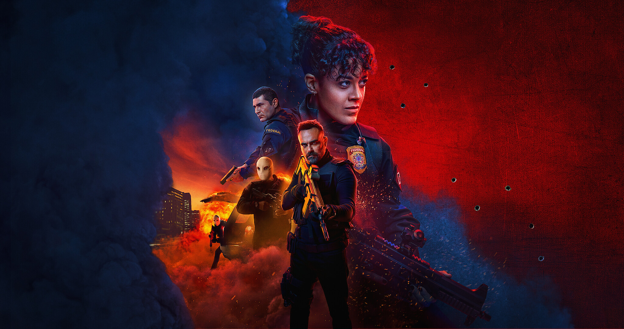 Key art para 'DNA do Crime' mostra três policiais no centro de uma montagem nas cores azul e vermelho