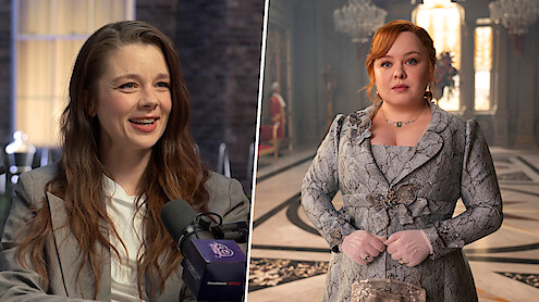 Bridgerton Podcast Midform: Claudia Jessie + Still of Penelope Bridgerton