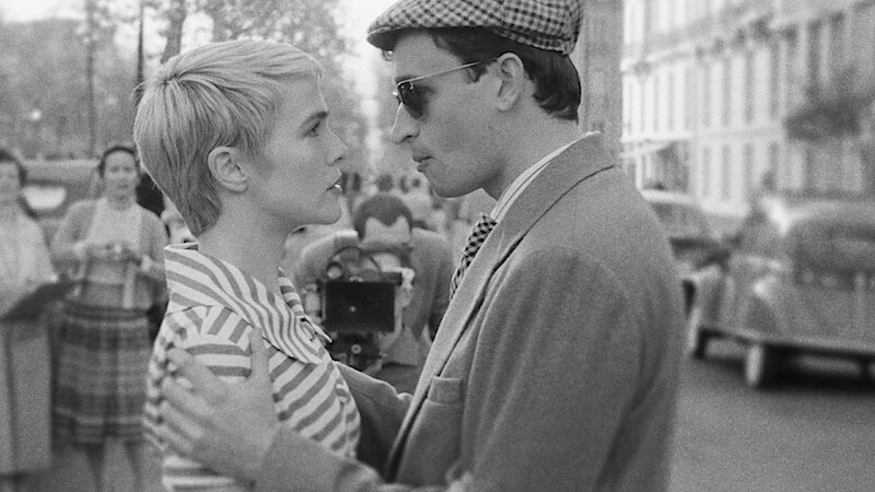 Matthieu Penchinat as Raoul Coutard, Guillaume Marbeck as Jean Luc Godard, Aubry Dullin as Jean-paul Belmondo and Zoey Deutch as Jean Seberg in 'Nouvelle Vague.'