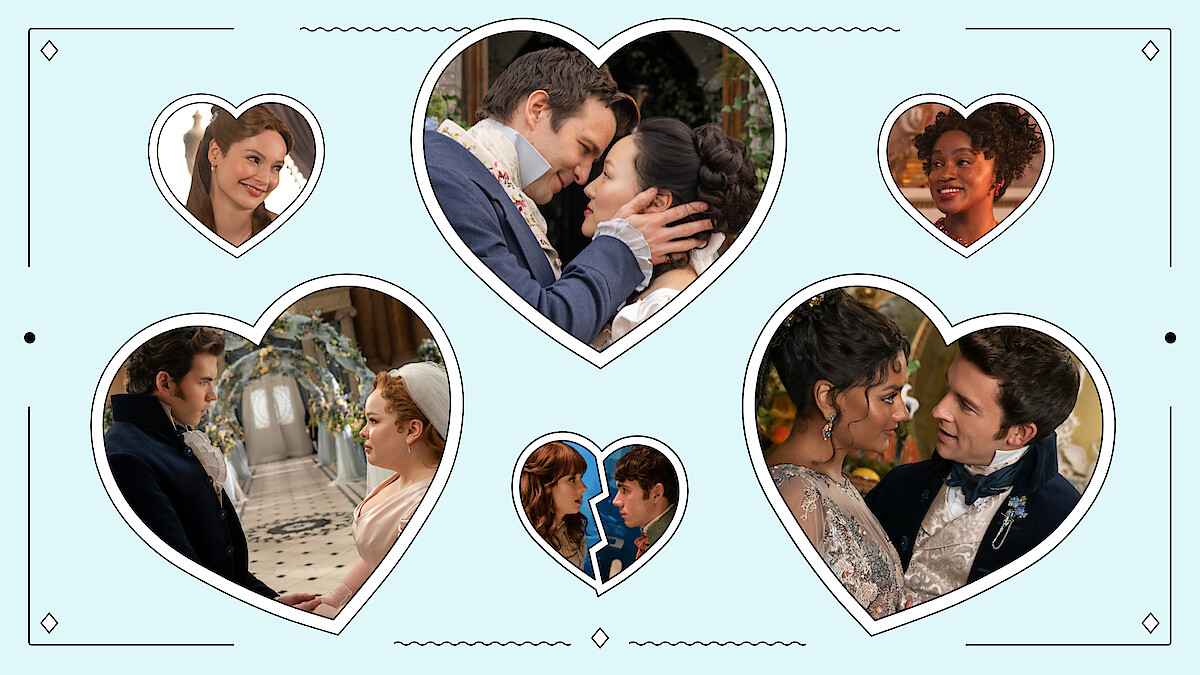 Collage of romantic couples and individuals in period costumes arranged in heart shapes, set against a light blue background, evoking a historical romance theme with ornate interiors and affectionate expressions.