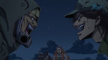 Two animated characters in hats face off aggressively at night outdoors, while a third person with long hair sits between them in the background under a starry sky.