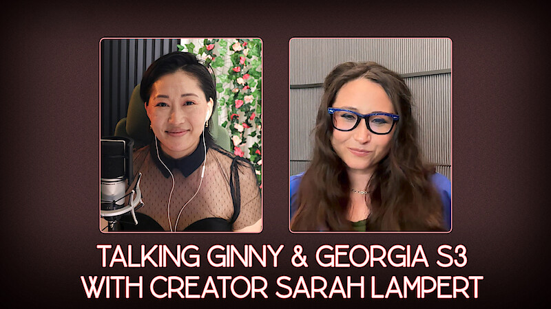 Mari on the left and Sarah Lampert on the right in a burgundy frame branded for Ginny & Georgia