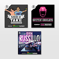 Three sports-themed podcast covers on a light background: two cartoon-style with hosts, microphones, bold titles, and one with a helmet. The mood is lively and engaging, with a focus on sports talk and entertainment.
