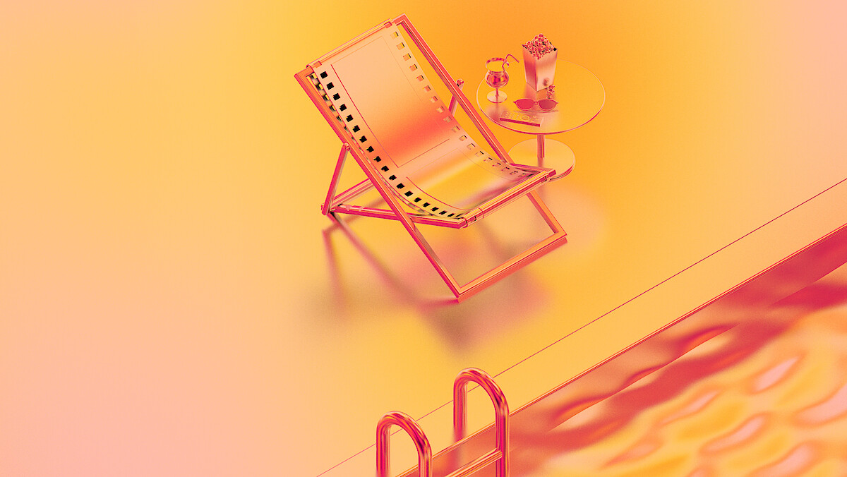 A lounge chair styled like a film strip sits beside a round table holding popcorn, a drink, sunglasses, and a remote control in a vibrant orange and pink environment, evoking a relaxed movie or summer leisure setting.